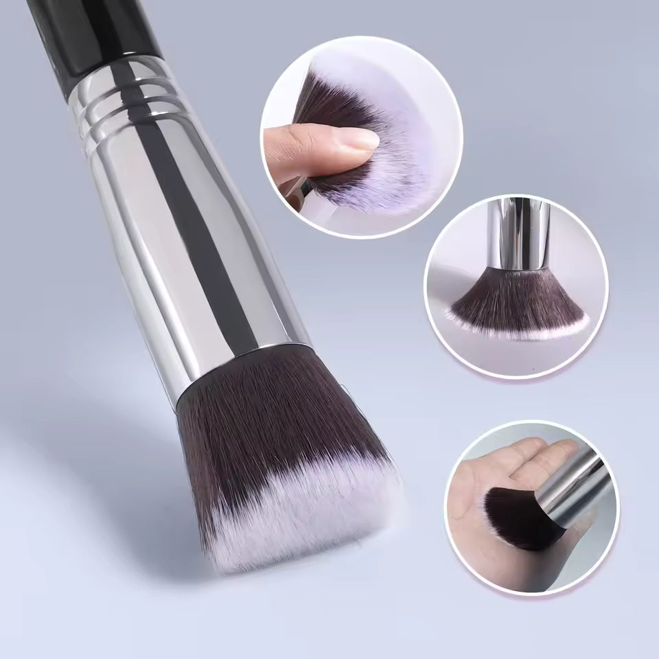 Makeup brush with close-up insets on a light gray background
